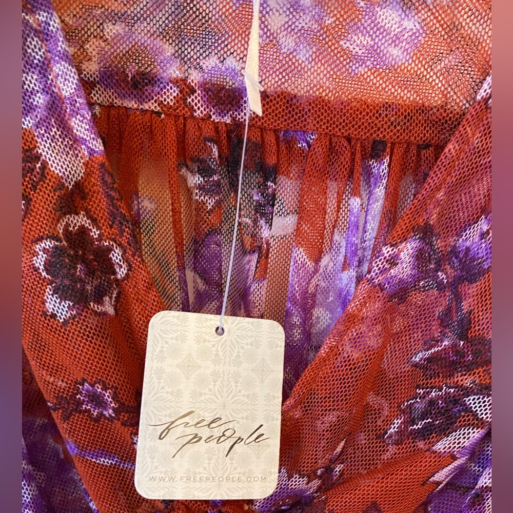 Free People | Mesh Raw Hem V-Neck Top with Layered Sleeves & Smocked Waist-M - Picture 4 of 8